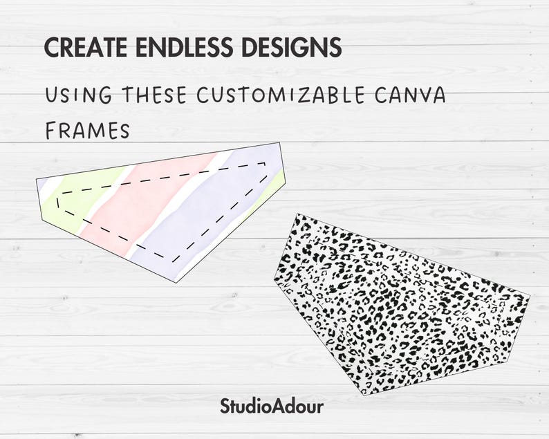 May include: Two customizable Canva frames, one with a watercolour design in pink, purple, and green, and the other with a black and white leopard print. The text "CREATE ENDLESS DESIGNS USING THESE CUSTOMIZABLE CANVA FRAMES" is at the top of the image.