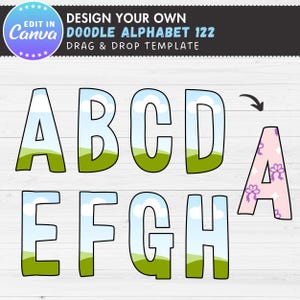 May include: A digital design template showcasing a doodle alphabet, letters A to H. The letters are filled with a sky and grassy hill design. The letter A is pink with a floral pattern. The template includes the text "DESIGN YOUR OWN DOODLE ALPHABET 122".