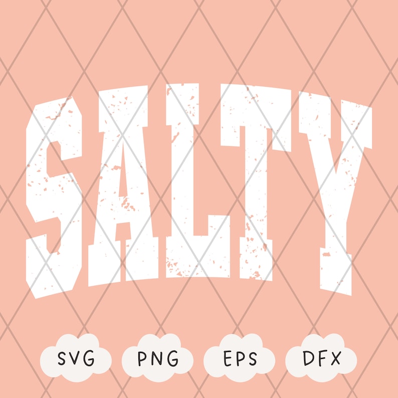 May include: White text on a pink background that reads "SALTY". The text has a distressed, vintage look. The image also includes the words "SVG", "PNG", "EPS", and "DFX" in white text on a white cloud background.