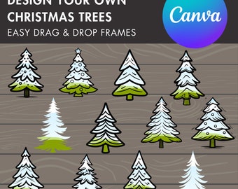 Zaprojektuj własne choinki, Szablon Canva Xmas, Przeciągnij i upuść zdjęcie, Pakiet ramek Canva z choinkami, Clipart świąteczny, Sylwetka