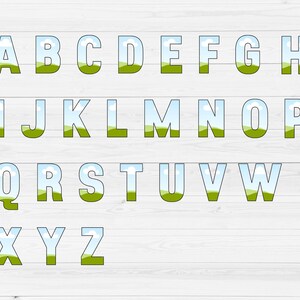 May include: A colorful alphabet with each letter featuring a blue sky and green grass background.