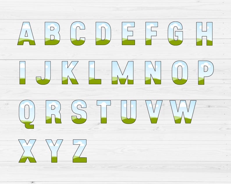 May include: A colorful alphabet with each letter featuring a blue sky and green grass background.
