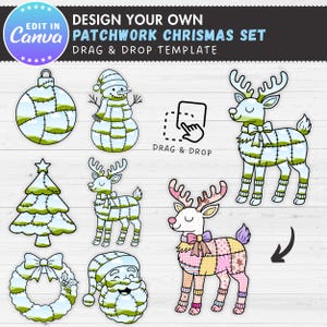 Könnte beinhalten: Eine Sammlung digitaler Illustrationen zum Thema Weihnachten im Patchwork-Design. Enthält eine Weihnachtskugel, einen Schneemann, einen Weihnachtsbaum, Rentiere, einen Kranz und den Weihnachtsmann. Der Text "DESIGN YOUR OWN PATCHWORK CHRISMAS SET" wird angezeigt.