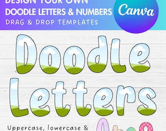 Progetta le tue lettere scarabocchio su tela, modello canva alfabeto scarabocchio, trascina e rilascia, alfabeto canva modificabile, pacchetto cornici canva