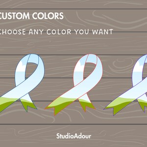 May include: Three ribbon designs with a sky and grass pattern. The ribbons are blue, red, and green. The text "CUSTOM COLORS CHOOSE ANY COLOR YOU WANT" is above the ribbons. The text "StudioAdour" is below the ribbons.
