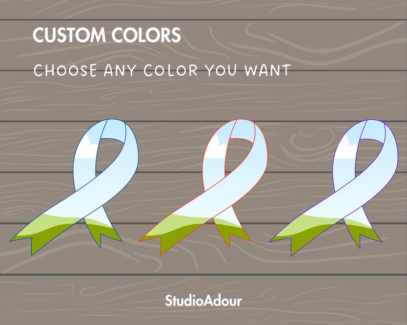 May include: Three ribbon designs with a sky and grass pattern. The ribbons are blue, red, and green. The text "CUSTOM COLORS CHOOSE ANY COLOR YOU WANT" is above the ribbons. The text "StudioAdour" is below the ribbons.