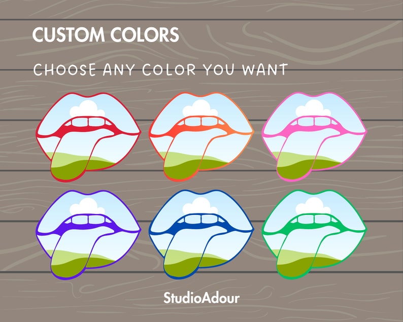 K&ouml;nnte beinhalten: Sechs Lippen in verschiedenen Farben mit herausgestreckter Zunge, jede mit einem anderen Hintergrund. Die Lippen sind rot, orange, rosa, lila, blau und gr&uuml;n. Der Text "CUSTOM COLORS CHOOSE ANY COLOR YOU WANT" befindet sich oben im Bild. Der Text "StudioAdour" befindet sich unten im Bild.