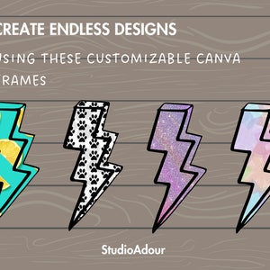 Puede incluir: Cuatro marcos Canva personalizables en forma de rayo. Los marcos est&aacute;n llenos de diferentes patrones: limones sobre un fondo azul, huellas de patas sobre un fondo blanco y negro, purpurina sobre un fondo rosa y un patr&oacute;n de arco&iacute;ris pastel.
