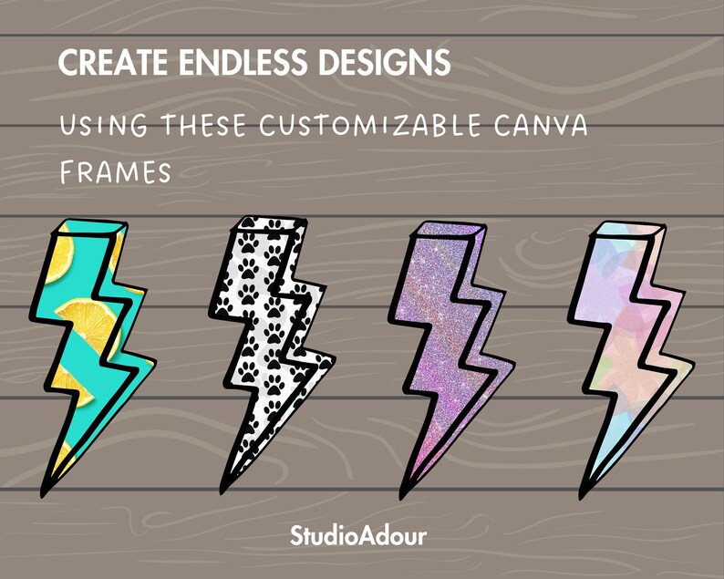 Puede incluir: Cuatro marcos Canva personalizables en forma de rayo. Los marcos est&aacute;n llenos de diferentes patrones: limones sobre un fondo azul, huellas de patas sobre un fondo blanco y negro, purpurina sobre un fondo rosa y un patr&oacute;n de arco&iacute;ris pastel.