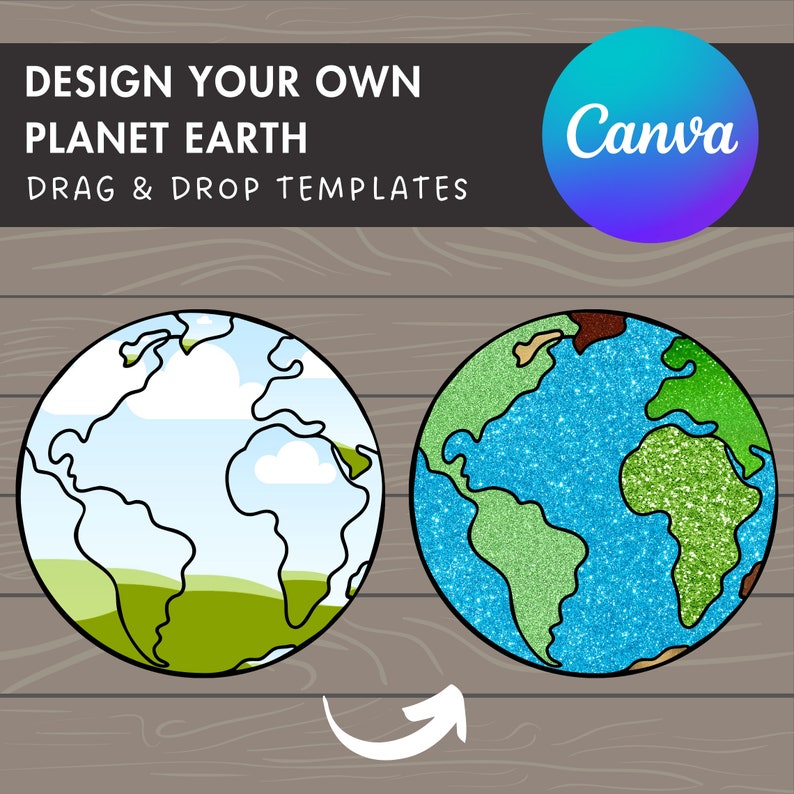 Design Your Own Planet Earth on Canva, Globe Canva Template, Easy Drag & Drop, Planet Clipart, Layered Earth, World Map Silhouette image 1