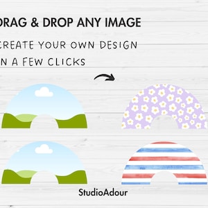 May include: A graphic showing how to create your own design in a few clicks.  The image shows three different rainbow shapes.  The first rainbow is green with a blue sky and white cloud.  The second rainbow is purple with white flowers.  The third rainbow is red and blue stripes.