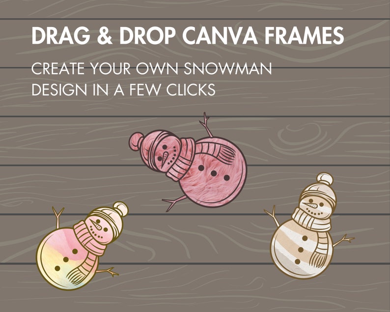 May include: Three snowman illustrations with different colored bodies and hats. The text "DRAG & DROP CANVA FRAMES" and "CREATE YOUR OWN SNOWMAN DESIGN IN A FEW CLICKS" is above the snowmen.