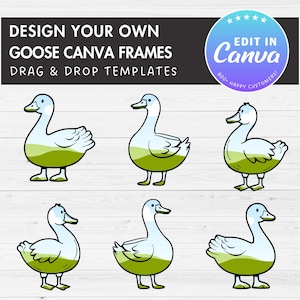 Puede incluir: Seis ilustraciones diferentes de gansos en una plantilla de marco de Canva. Los gansos son blancos con hierba verde y cielo azul dentro. El texto "EDIT IN Canva" está en una pancarta en forma de estrella.