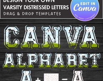 Design Your Own Varsity Distressed Alphabet on Canva, Canva Frames Bundle, Drag and Drop, Editable Sport College Letters Canva Template