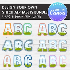 Canva Letters Bundle, 6 Faux Embroidery Alphabets, Applique Letters, Canva Frames Bundle, Easy Drag and Drop, Stitch Varsity Alphabets