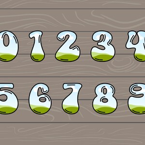May include: A set of ten cartoon numbers with a landscape scene inside each number. The numbers are outlined in black and filled with a light blue sky, white clouds, and green grass.