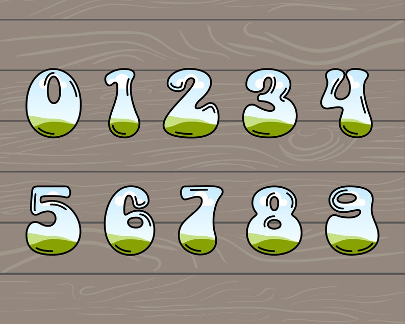 May include: A set of ten cartoon numbers with a landscape scene inside each number. The numbers are outlined in black and filled with a light blue sky, white clouds, and green grass.