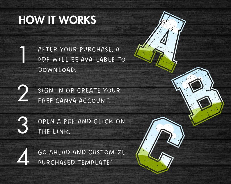 May include: How to use a Canva template: 1. After purchase, download a PDF. 2. Sign in or create a free Canva account. 3. Open the PDF and click on the link. 4. Customize the purchased template.