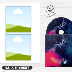 May include: A CD and its case with a space-themed design. The CD and case feature a vibrant mix of pink, blue, and white colors, with a starry night sky and nebula effect. The image also includes a sheet that is 8.5 x 11 inches.