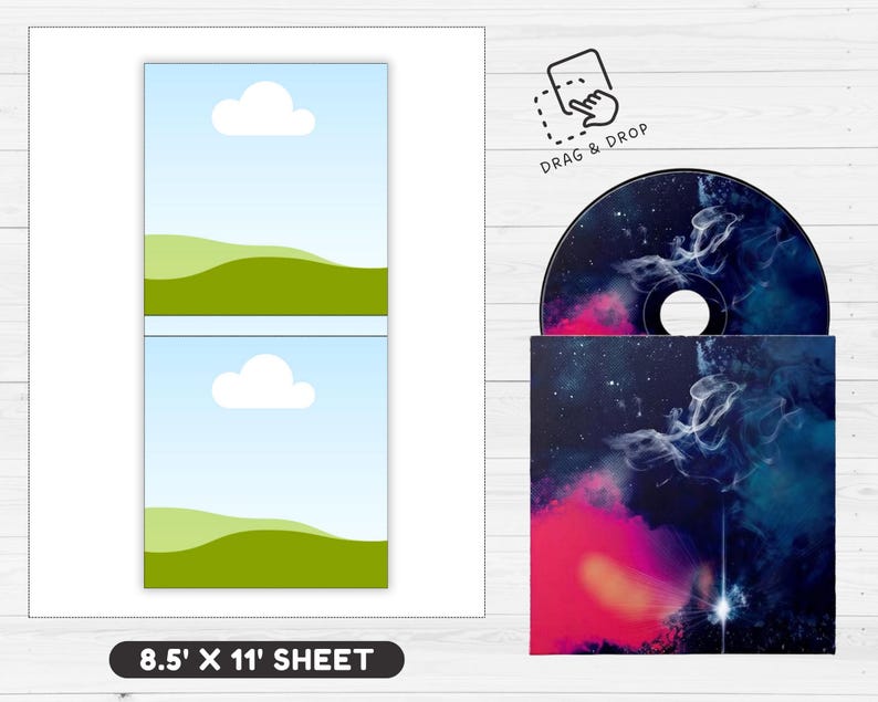 May include: A CD and its case with a space-themed design. The CD and case feature a vibrant mix of pink, blue, and white colors, with a starry night sky and nebula effect. The image also includes a sheet that is 8.5 x 11 inches.