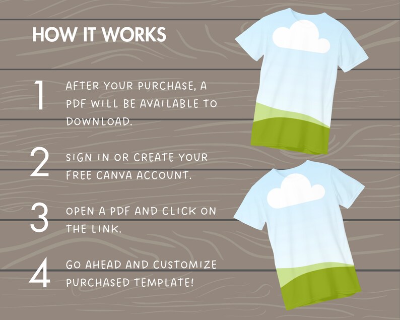 May include: Two light blue t-shirts with a white cloud graphic and a green and light green design. The image also includes the text "HOW IT WORKS" and numbered steps explaining the process: download, sign in, open PDF, and customize.