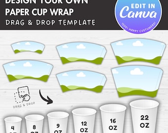 6 Sizes Paper Cup Wrap Template, Printable Cup Label Editable Canva Template, Drag & Drop, Paper Coffee Cup Sleeve, 4oz–22oz Cup Wrapper