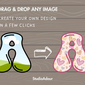 May include: A graphic design tool that allows you to create your own design in a few clicks by dragging and dropping any image. The image shows a letter A with a sky and grass design being transformed into a letter A with a pink background and a pattern of hearts.