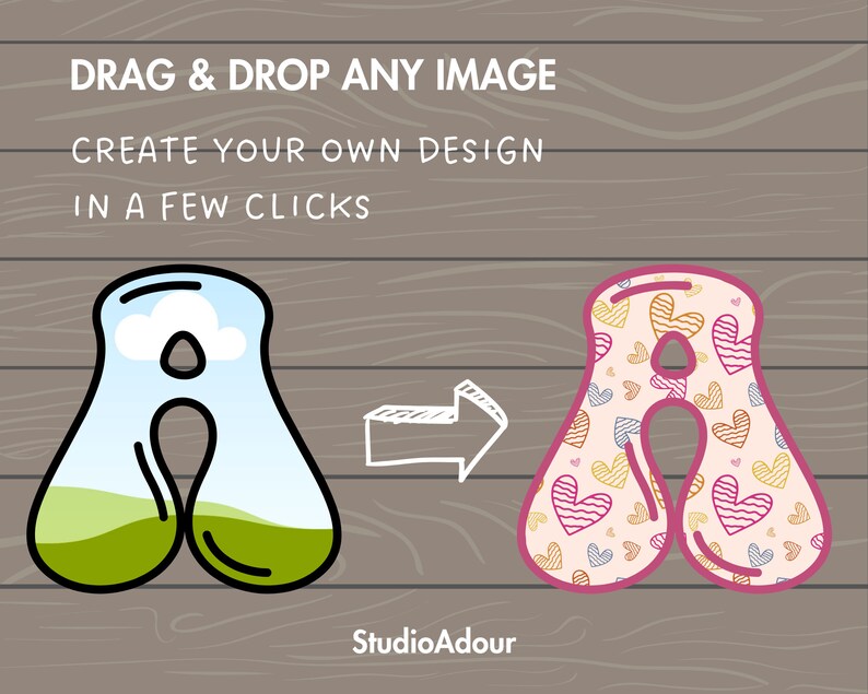 May include: A graphic design tool that allows you to create your own design in a few clicks by dragging and dropping any image. The image shows a letter A with a sky and grass design being transformed into a letter A with a pink background and a pattern of hearts.