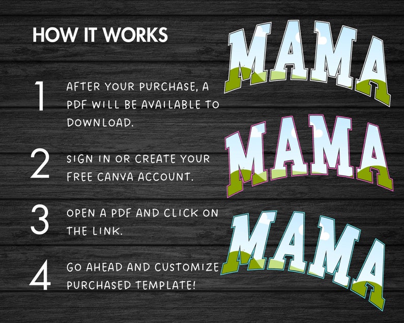 May include: A digital graphic design template for a "Mama" design. The template features a blue sky with clouds, green grass, and the word "Mama" in white letters with a blue outline. The template is available in three different color variations: pink, teal, and green.