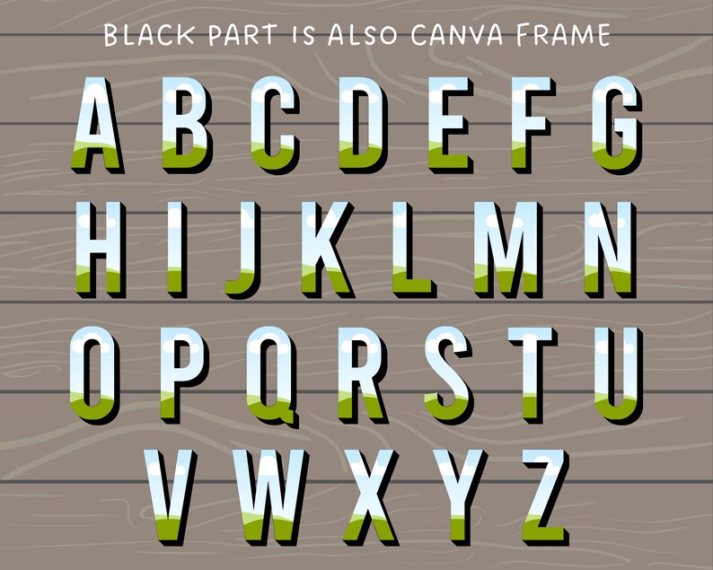 May include: A set of uppercase letters A through Z with a 3D effect. The letters are white with a black outline and have a landscape scene inside. The landscape scene is a green field with a blue sky and white clouds.