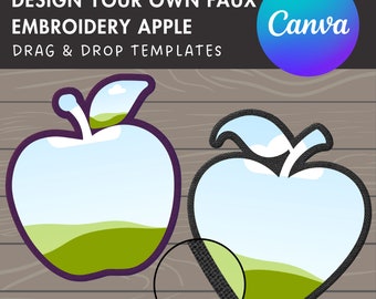 Design Your Own Faux Embroidery Apple, Digital Stitch Apple, Apple Applique, Canva Frames Bundle, Heart Shape Apple Patch, Drag and Drop PNG