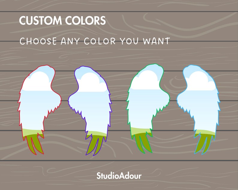 May include: Four sets of wings with a sky and grass design. The wings are outlined in red, blue, purple, and teal.