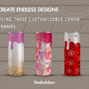 May include: Three stainless steel tumblers with different designs. The first tumbler has a pink glitter design with gold glitter at the bottom. The second tumbler has a watercolor design with pink and white hearts. The third tumbler has a red and white snowflake design. All tumblers have a white background and a clear plastic straw.