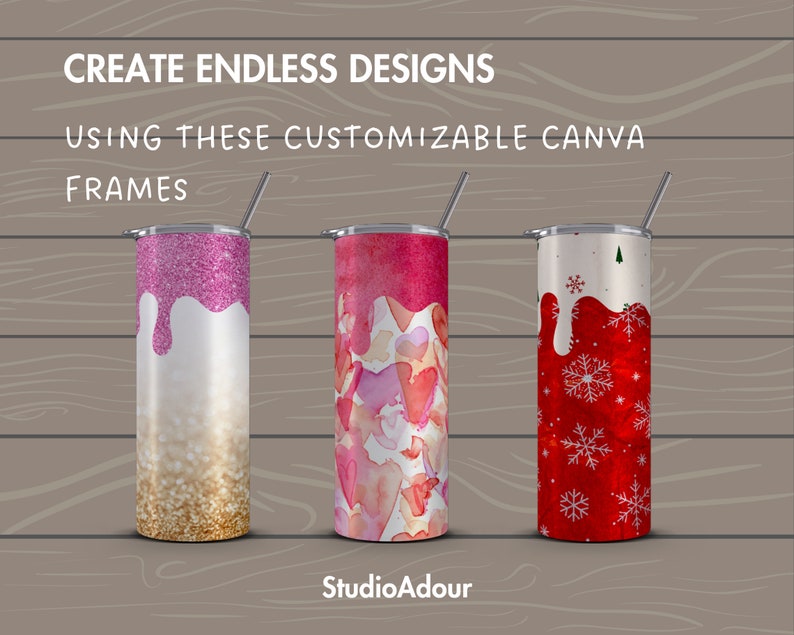 May include: Three stainless steel tumblers with different designs. The first tumbler has a pink glitter design with gold glitter at the bottom. The second tumbler has a watercolor design with pink and white hearts. The third tumbler has a red and white snowflake design. All tumblers have a white background and a clear plastic straw.