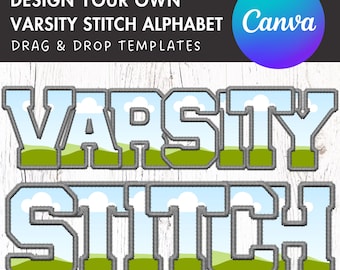 Varsity Letters and Numbers Canva, Faux Embroidery Varsity Alphabet, Sport Canva Letters, Drag and Drop, Applique Letters, Canva Stitch Font