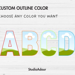 May include: A graphic design showing the letters A, B, C, and D with a blue sky, white clouds, and green grass. The text "CUSTOM OUTLINE COLOR CHOOSE ANY COLOR YOU WANT" is above the letters. The text "StudioAdour" is below the letters.