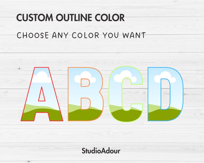 May include: A graphic design showing the letters A, B, C, and D with a blue sky, white clouds, and green grass. The text "CUSTOM OUTLINE COLOR CHOOSE ANY COLOR YOU WANT" is above the letters. The text "StudioAdour" is below the letters.