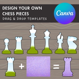 May include: Design your own chess pieces with Canva. Drag and drop templates to create unique chess pieces with a sky and grass design. Add a sparkly purple texture to create a custom look.
