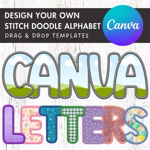 Digital Stitch Canva Alphabet PNG, Doodle Faux Embroidery Applique Letters, Canva Frames Bundle, Drag and Drop, DIY Canva Alphabet, Duotone