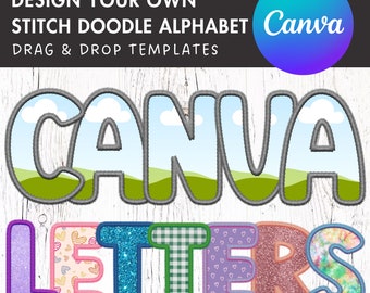 Digital Stitch Canva Alphabet PNG, Doodle Faux Embroidery Applique Letters, Canva Frames Bundle, Drag and Drop, DIY Canva Alphabet, Duotone