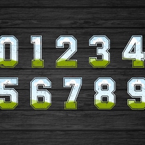 May include: A set of ten distressed white numbers with a blue sky and green grass design. The numbers are 0 through 9 and are arranged in two rows.