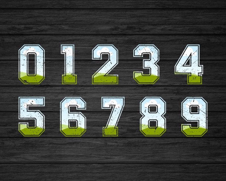 May include: A set of ten distressed white numbers with a blue sky and green grass design. The numbers are 0 through 9 and are arranged in two rows.
