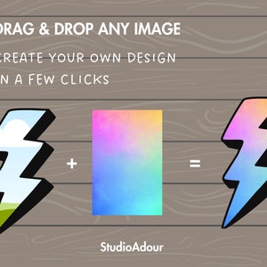 Puede incluir: Un tutorial de dise&ntilde;o gr&aacute;fico que muestra c&oacute;mo crear un dise&ntilde;o personalizado arrastrando y soltando una imagen en una forma de rayo. La imagen es un degradado de rosa, azul y amarillo. El texto en la imagen dice "DRAG & DROP ANY IMAGE CREATE YOUR OWN DESIGN IN A FEW CLICKS".