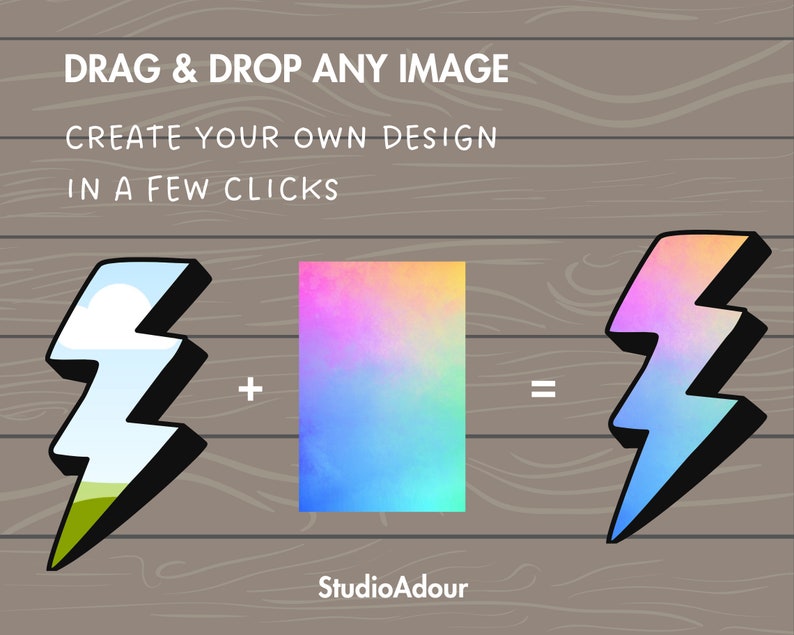 Puede incluir: Un tutorial de dise&ntilde;o gr&aacute;fico que muestra c&oacute;mo crear un dise&ntilde;o personalizado arrastrando y soltando una imagen en una forma de rayo. La imagen es un degradado de rosa, azul y amarillo. El texto en la imagen dice "DRAG & DROP ANY IMAGE CREATE YOUR OWN DESIGN IN A FEW CLICKS".