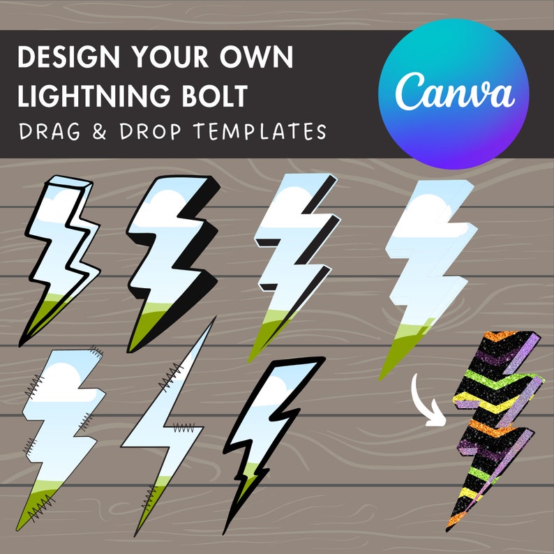 Puede incluir: Ocho dise&ntilde;os de rayos diferentes, incluyendo un rayo en blanco y negro, un rayo con cielo azul y hierba verde, un rayo con borde cosido y un rayo con un patr&oacute;n brillante morado, verde y naranja. El texto "Design Your Own Lightning Bolt" y "Drag & Drop Templates" est&aacute; en la parte superior de la imagen. El texto "Canva" est&aacute; en un c&iacute;rculo morado y azul en la parte superior derecha de la imagen.