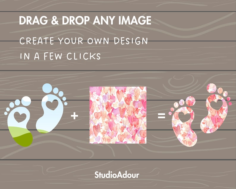 Puede incluir: Ilustraci&oacute;n que muestra c&oacute;mo crear un dise&ntilde;o personalizado arrastrando y soltando una imagen sobre un par de huellas de pies de beb&eacute; azules. La imagen es un patr&oacute;n de acuarela rosa y naranja de corazones. El texto dice "DRAG & DROP ANY IMAGE CREATE YOUR OWN DESIGN IN A FEW CLICKS + = StudioAdour"