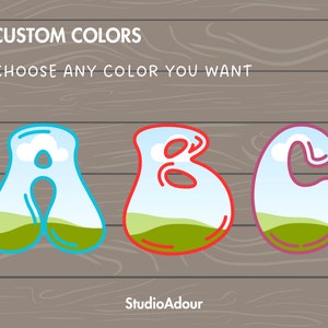 May include: Customisable alphabet letters A, B, and C with a cartoon style. Each letter has a blue sky, white clouds, and green grass inside. The letters are outlined in blue, red, and purple.