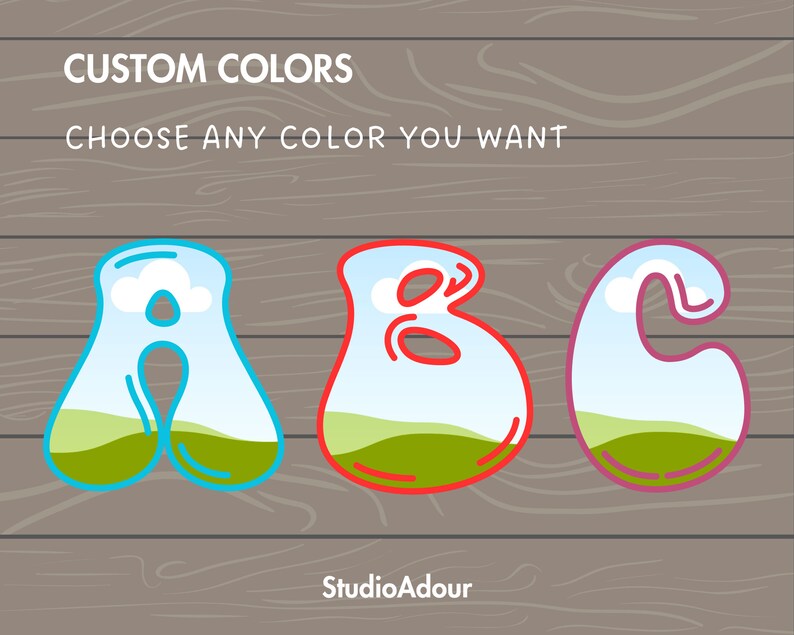 May include: Customisable alphabet letters A, B, and C with a cartoon style. Each letter has a blue sky, white clouds, and green grass inside. The letters are outlined in blue, red, and purple.