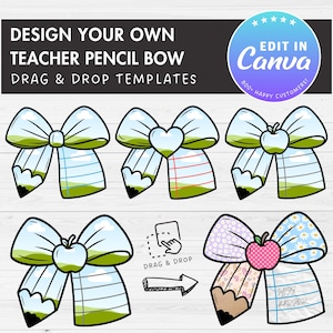 Może przedstawiać: Grafika przedstawiająca kilka wzorów kokardek ołówkowych dla nauczycieli. Kokardy mają jasnoniebieską wstążkę, końcówki w kształcie ołówków i różne elementy dekoracyjne, takie jak serca i jabłka. Tekst zawiera "DESIGN YOUR OWN TEACHER PENCIL BOW" i "DRAG & DROP TEMPLATES".