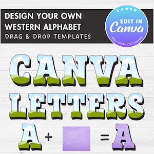 Diseña tus propias letras garabatas occidentales en Canva, plantilla de Canva con alfabeto en mayúsculas, arrastra y suelta, fuente editable de Canva, letras vaqueras PNG